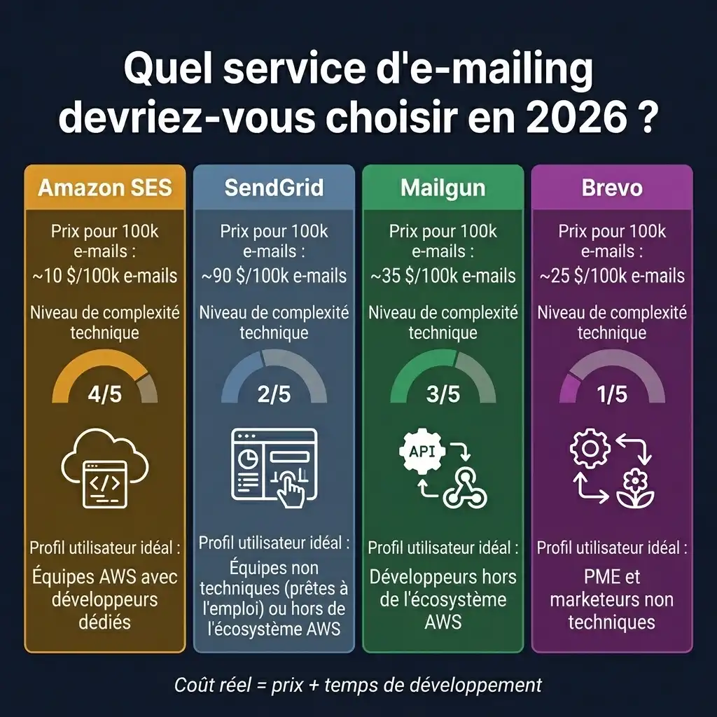 Amazon SES vs SendGrid, Mailgun et Brevo : le comparatif brutal pour arrêter de payer trop cher Amazon SES vs SendGrid, Mailgun et Brevo