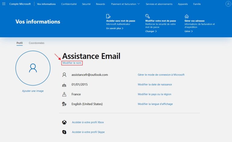 comment changer son nom outlook
